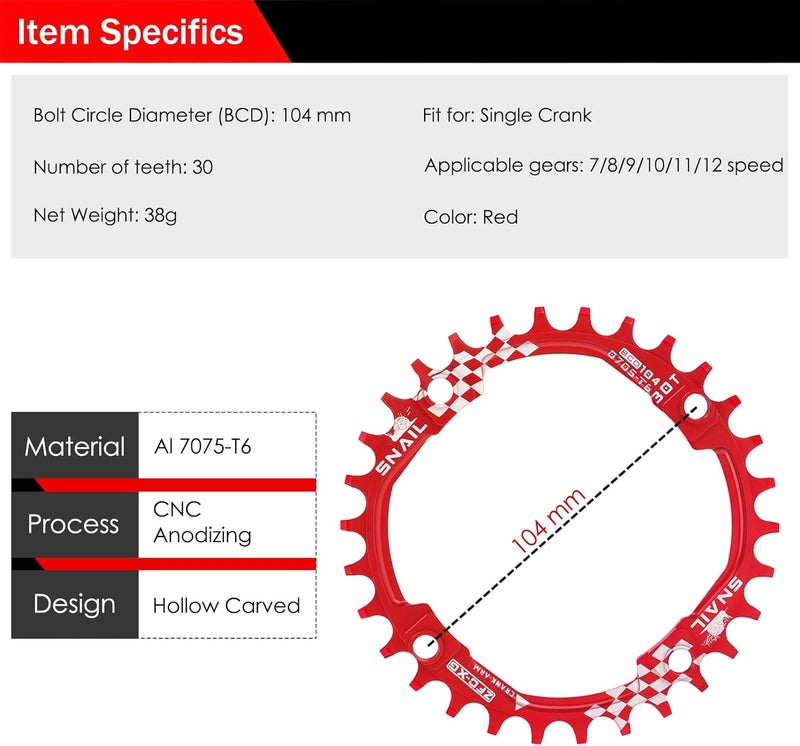 BESNIN Chainring 104 BCD Chainring 30T 32T 34T 36T 38T 40T 42T 44T 46T 48T 50T 52T Narrow Wide Tooth Round Chainring for 7/8/9/10/11/12 Speed MTB BMX Road Bike - Image 2